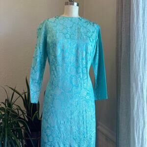Women’s Large Sheath Dress Aquamarine Metallic Satin Jacquard Turquoise Brocade